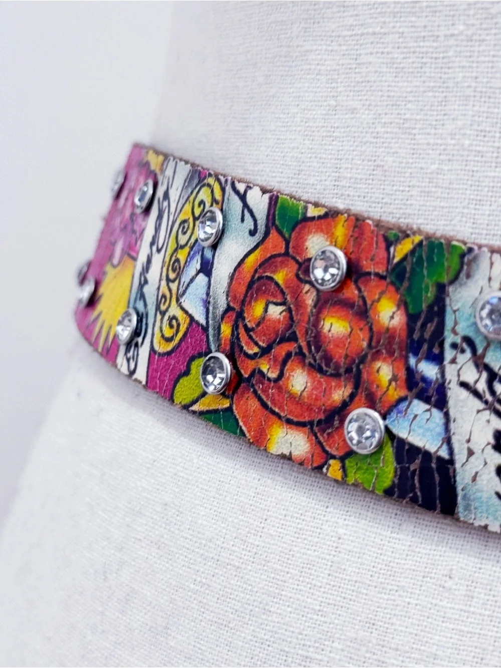 Vtg Ed Hardy Rocker Roses Crystal Studded Leather Belt XL